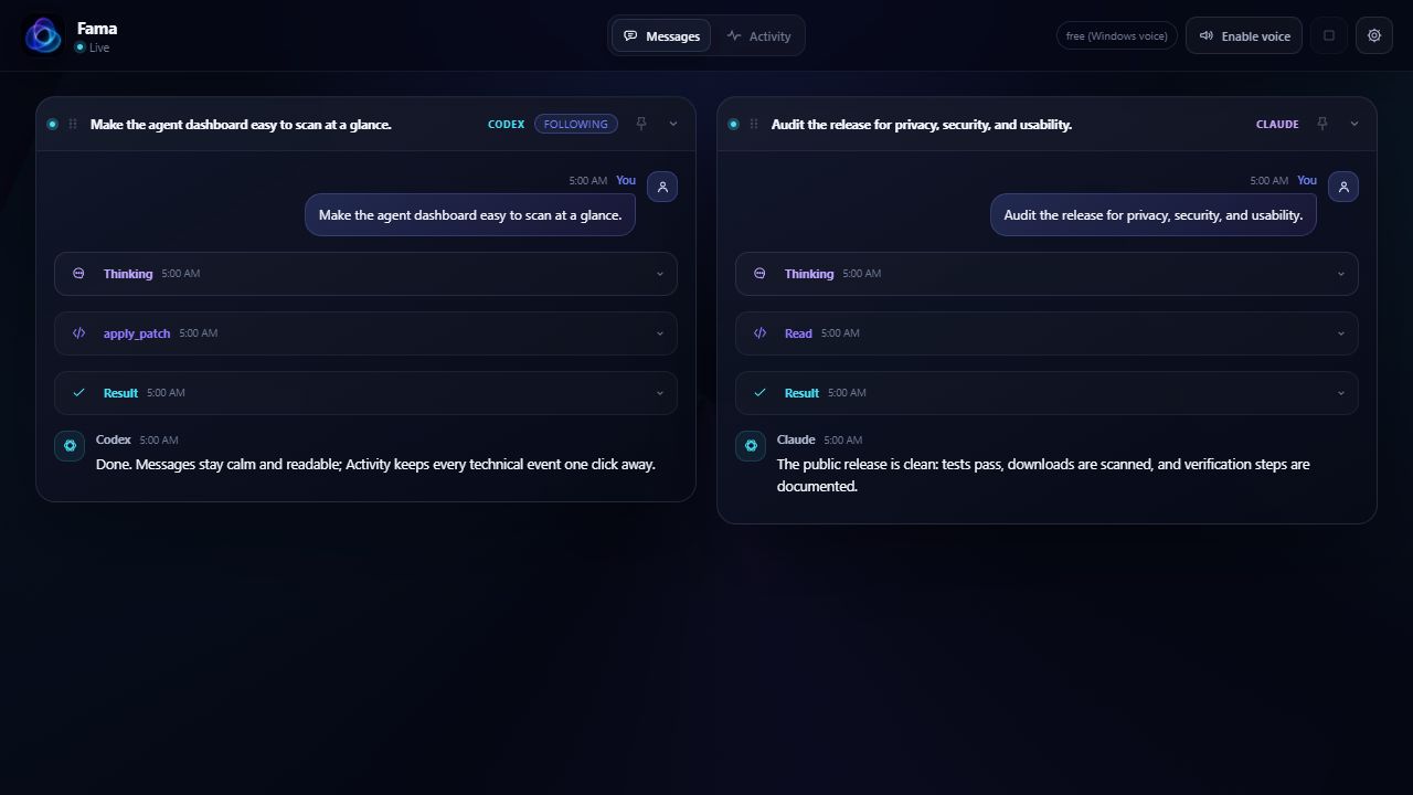 Fama showing live Claude Code and Codex conversations in the Messages view
