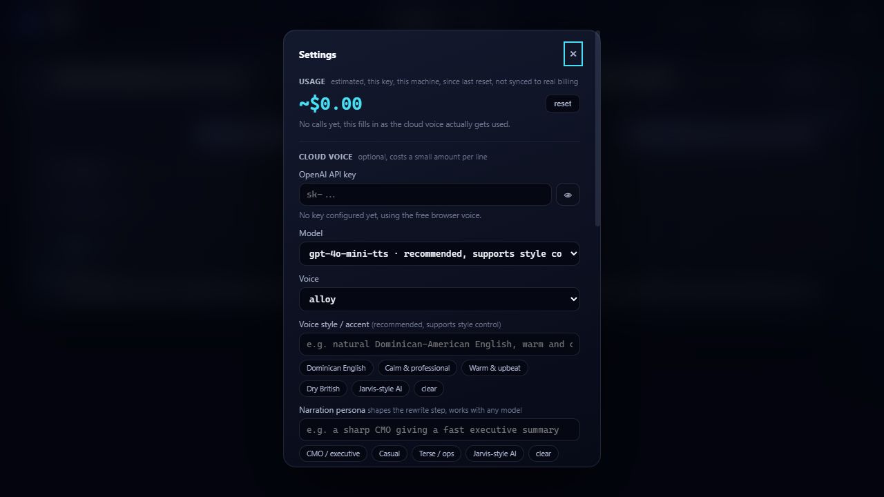 Fama settings for local and optional cloud voice, narration, and appearance